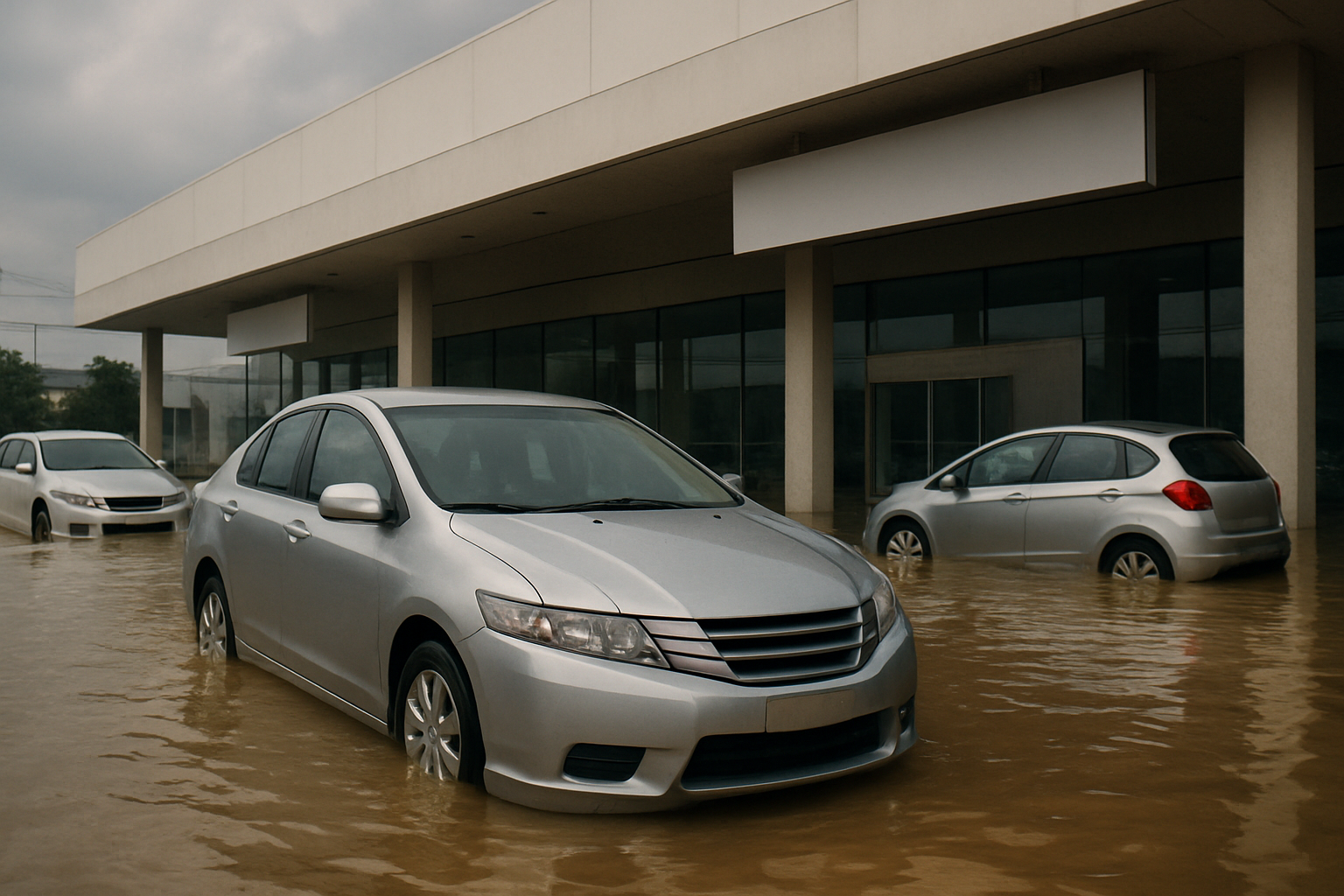 Silver sedans and hatchback partially submerged in muddy floodwater outside a modern building with empty white signboards