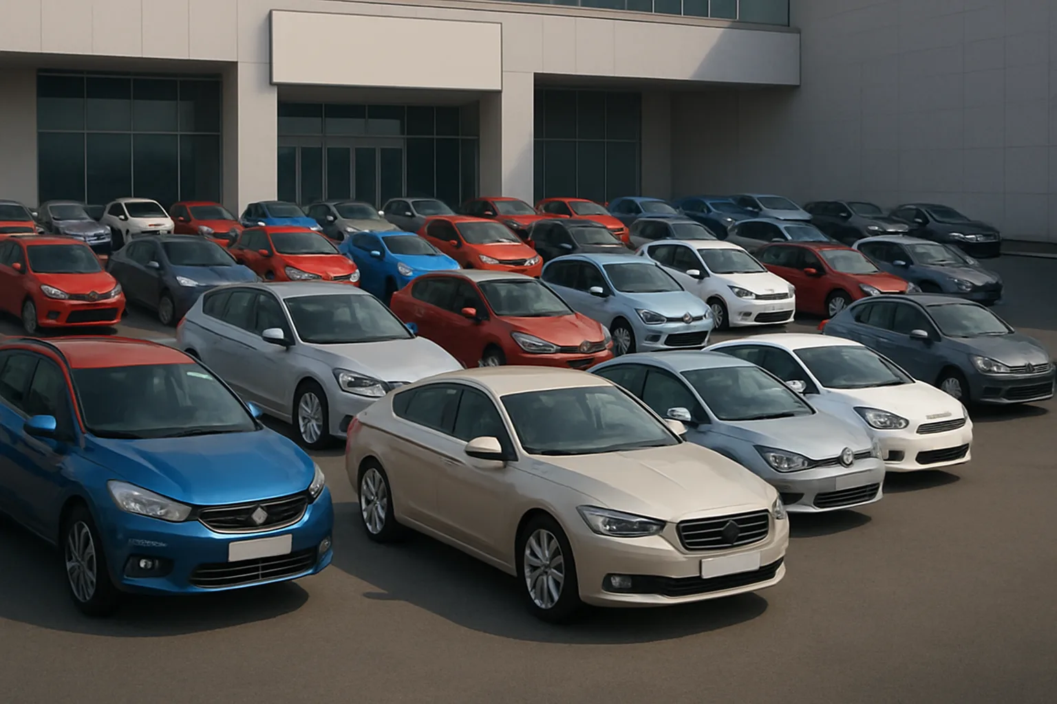 Rows of generic, unbranded cars in various colours including beige, white, red, blue and silver, parked outside a modern building