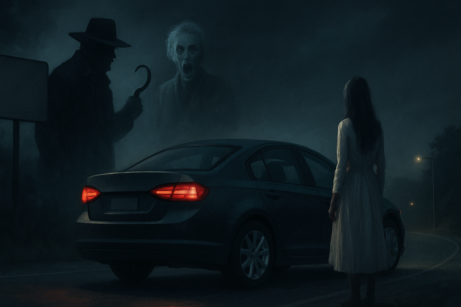 A dark road at night with a lone car, a girl in white, and two ghostly figures looming out of the mist