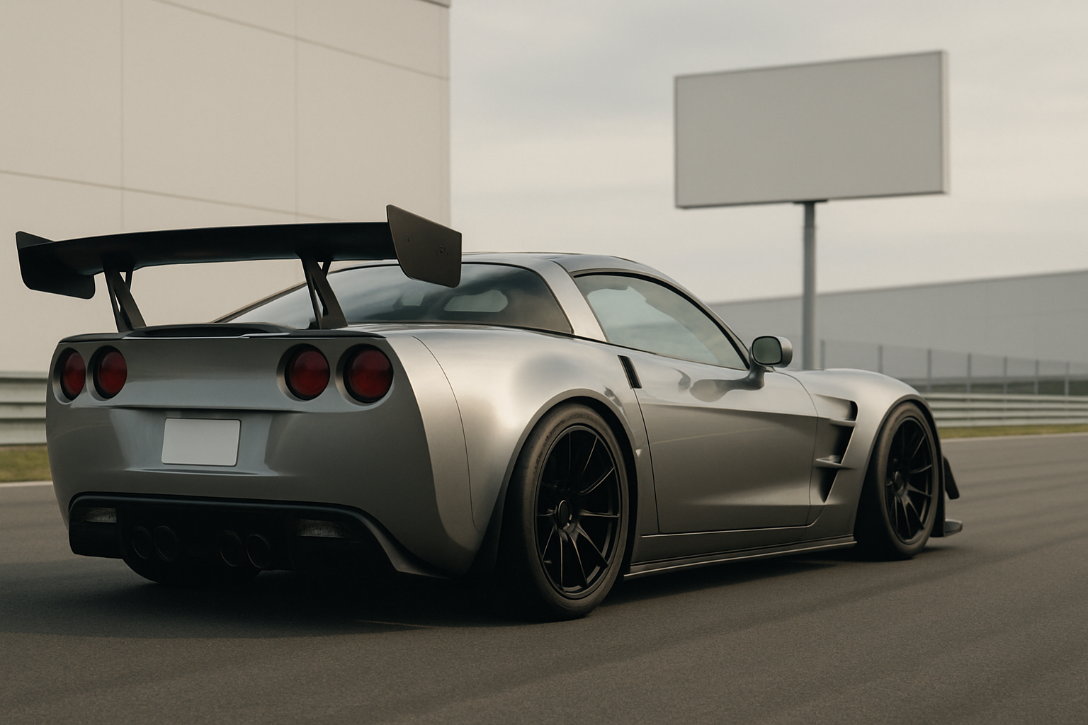 A low, wide sports car with metallic grey bodywork, black wheels and a large rear wing parked on an empty racetrack