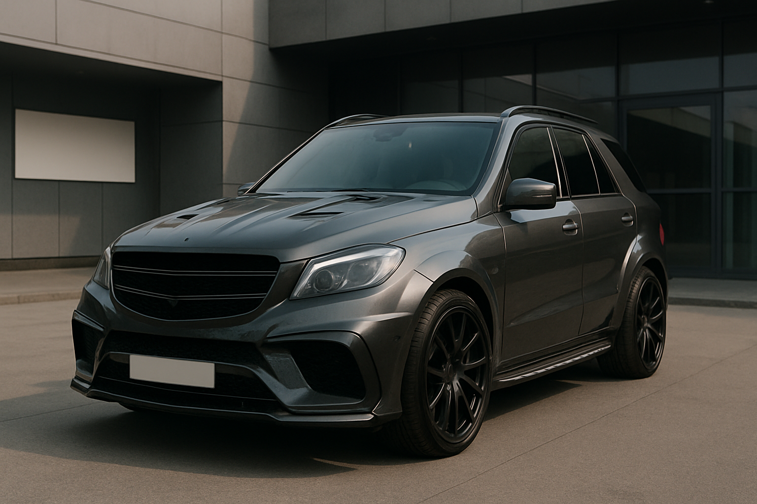 Sleek dark grey SUV with blacked-out grille and wheels parked on smooth pavement near a modern glass-fronted building