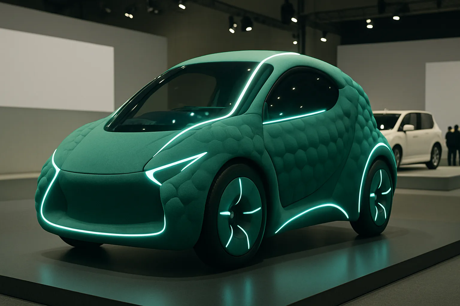 Small green car-shaped form with quilted, cushion-like surface, glowing teal outlines and softly lit exhibition setting
