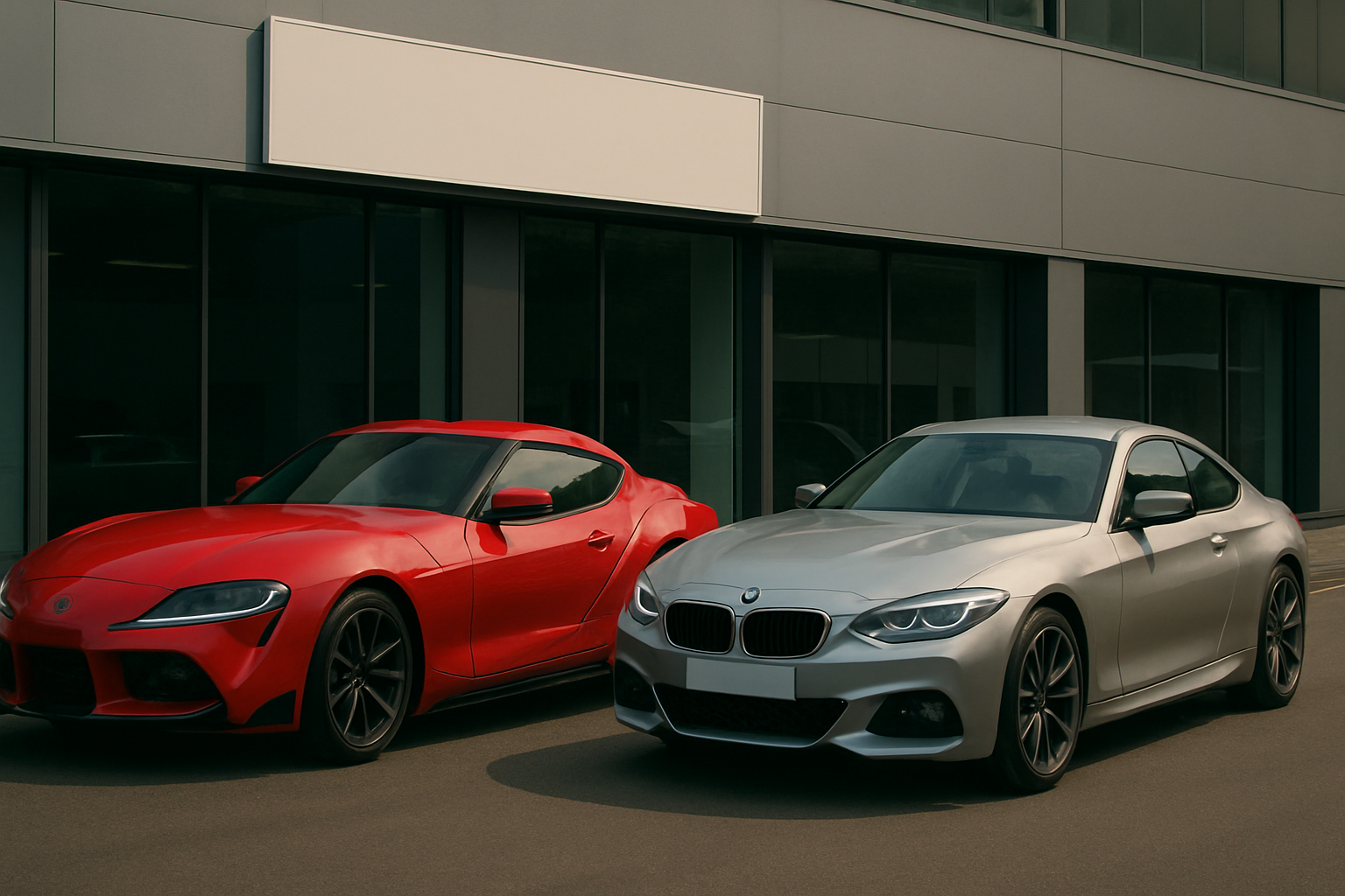 Two sleek, modern sports coupes in bright red and metallic silver parked side by side outside a glass-fronted building