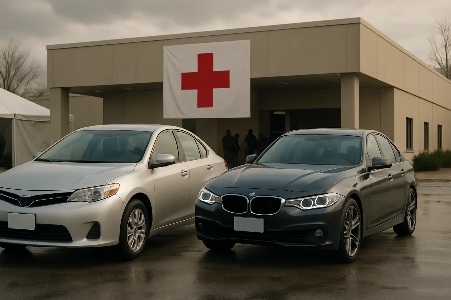 Two modern sedans parked on wet pavement in front of a beige building with a large red cross banner above the entrance