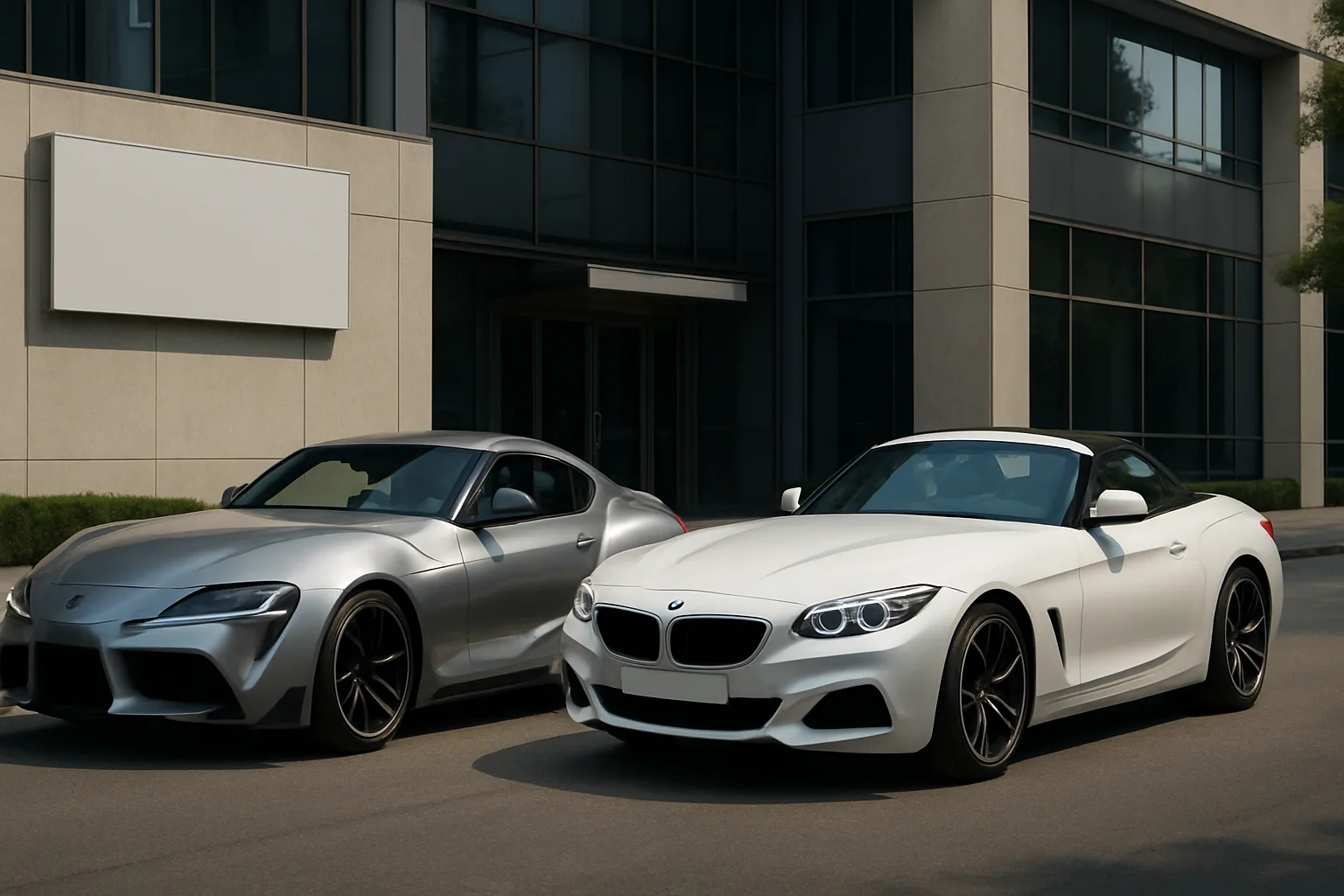 Two sleek silver and white sports cars parked side by side in front of a modern glass-fronted building
