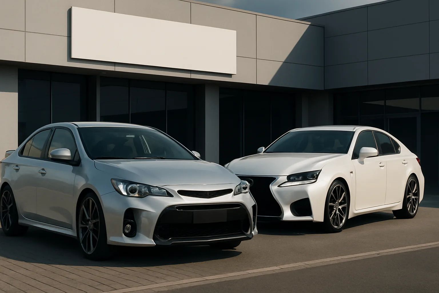 Two silver sedans with black grilles and alloy wheels parked outside a modern grey building on a sunny day