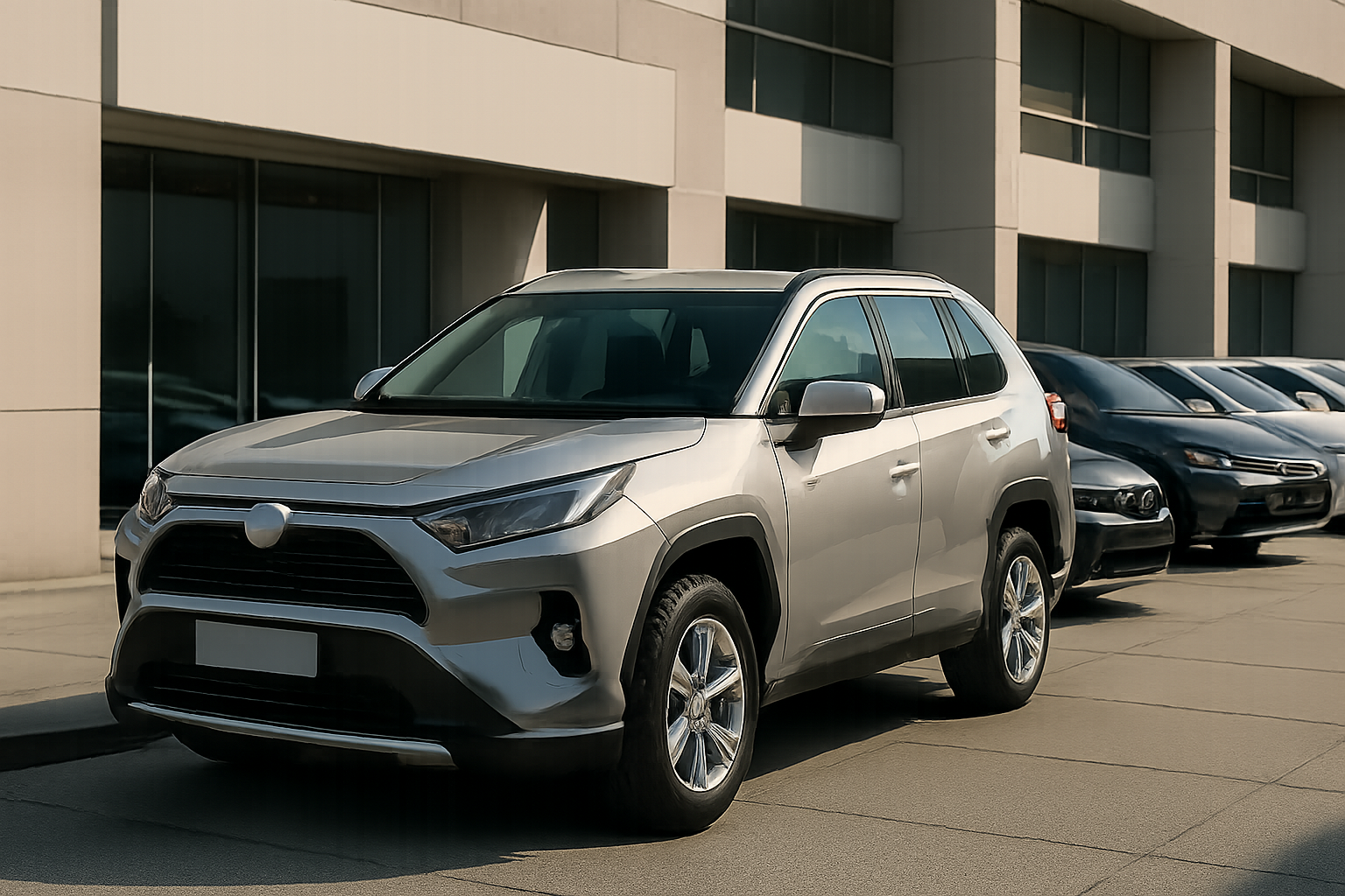 Metallic silver SUV with sculpted lines parked in bright daylight beside a row of dark-colored cars outside a modern building