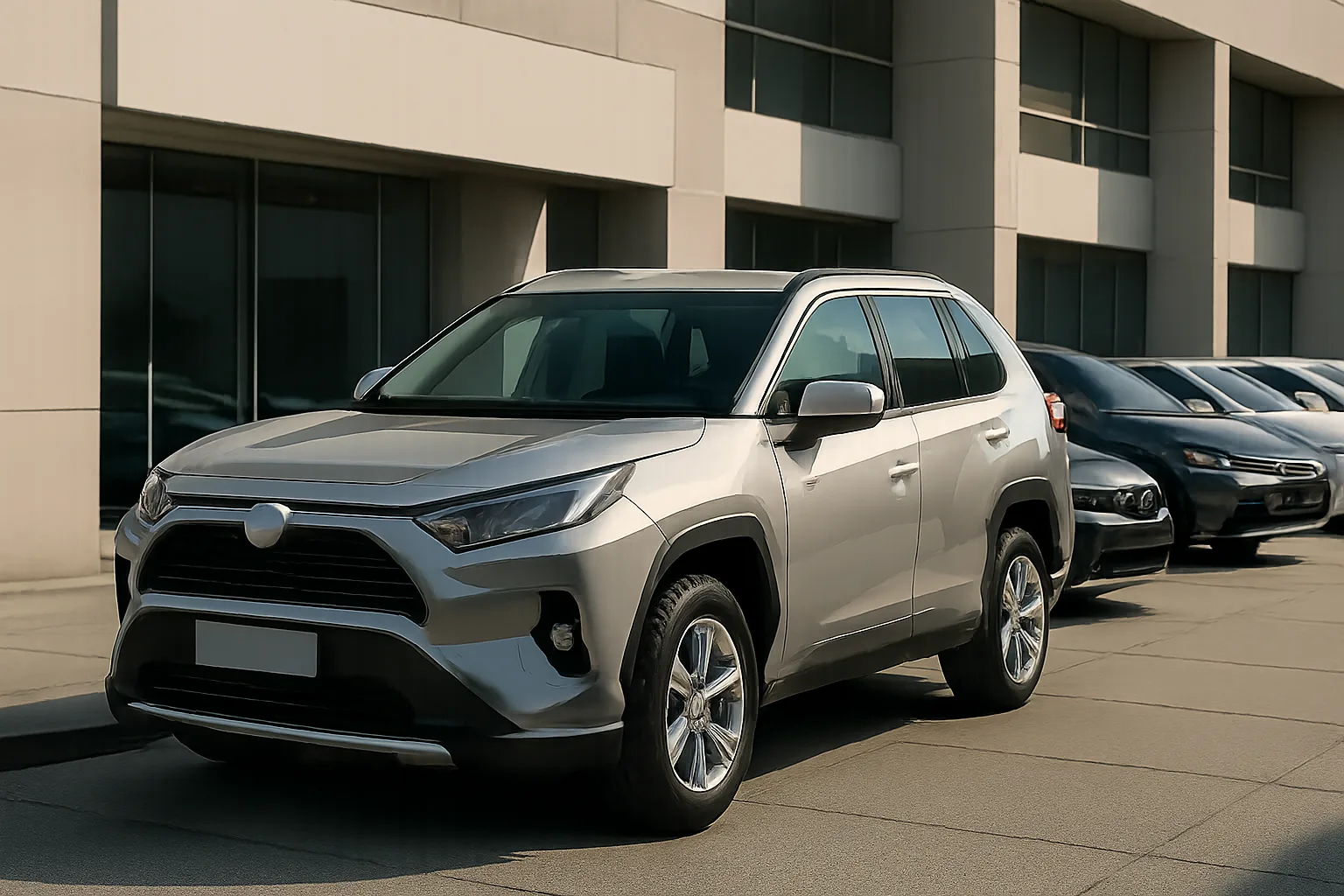 Metallic silver SUV with sculpted lines parked in bright daylight beside a row of dark-colored cars outside a modern building