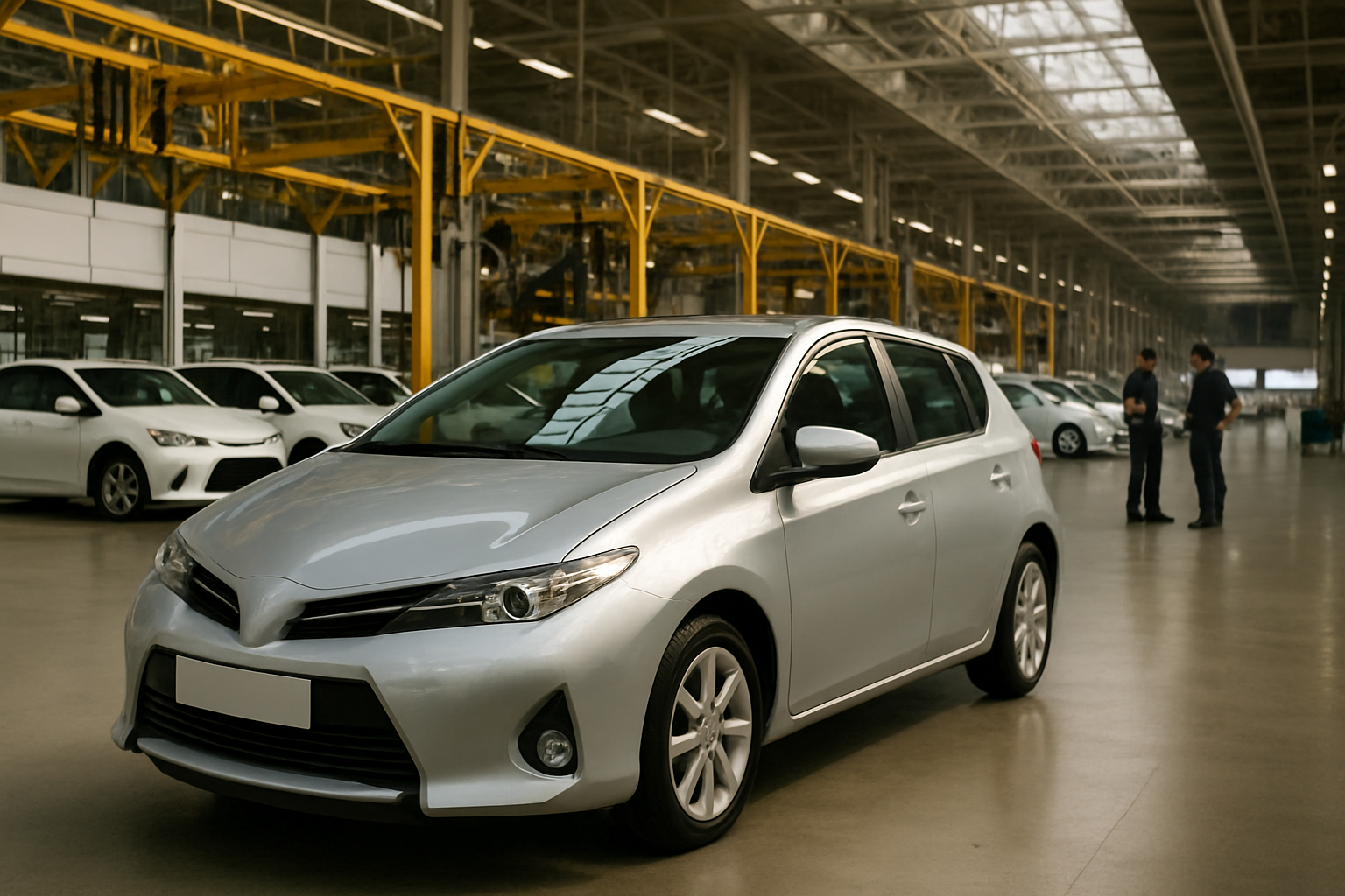 Silver hatchback car parked in a spacious, brightly lit factory with high ceilings, yellow gantries and two people talking nearby