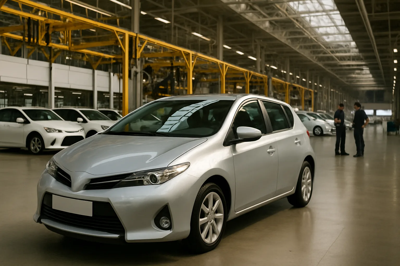 Silver hatchback car parked in a spacious, brightly lit factory with high ceilings, yellow gantries and two people talking nearby