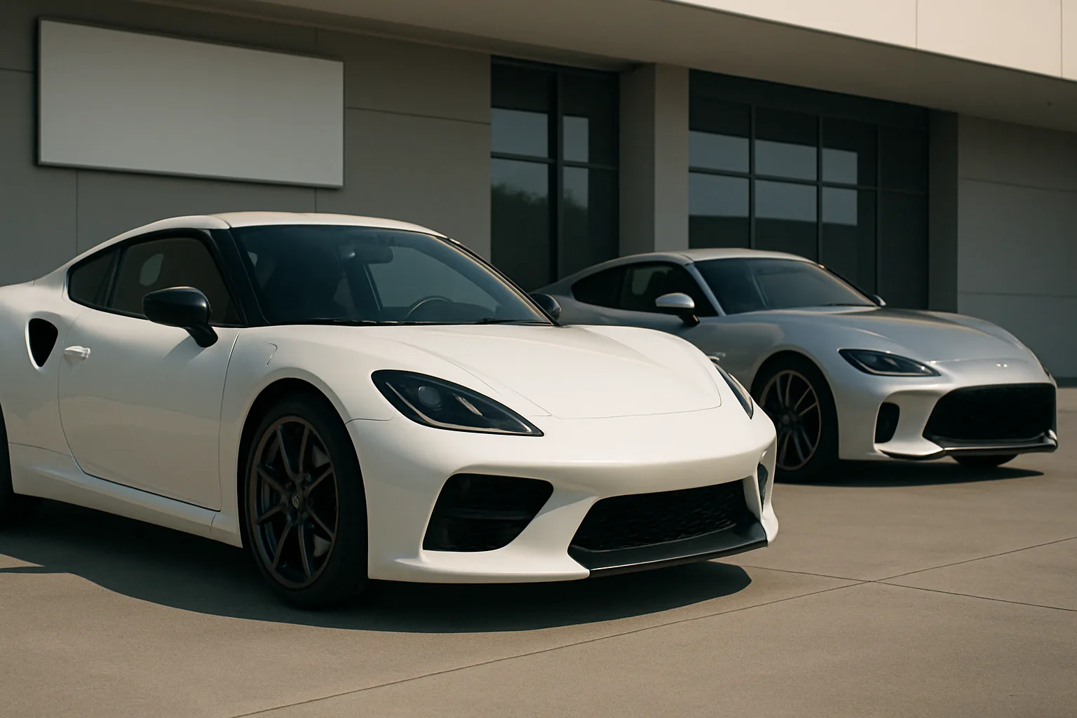 Two sleek, low-slung sports cars in white and silver parked side by side on a sunlit concrete surface near a modern building