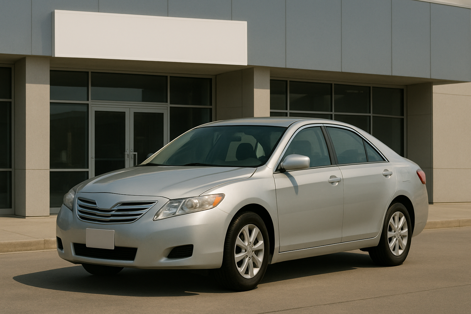 Silver sedan with blank badges parked on a paved road in front of a grey modern office building