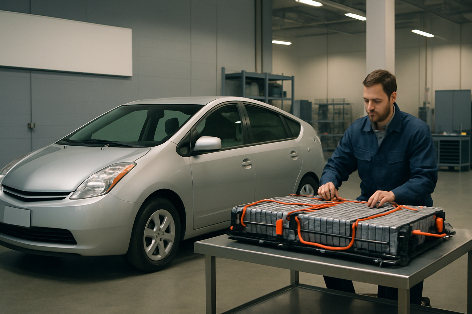 A man in a blue jacket examines a large battery pack with orange cables on a metal table beside a silver car in a workshop