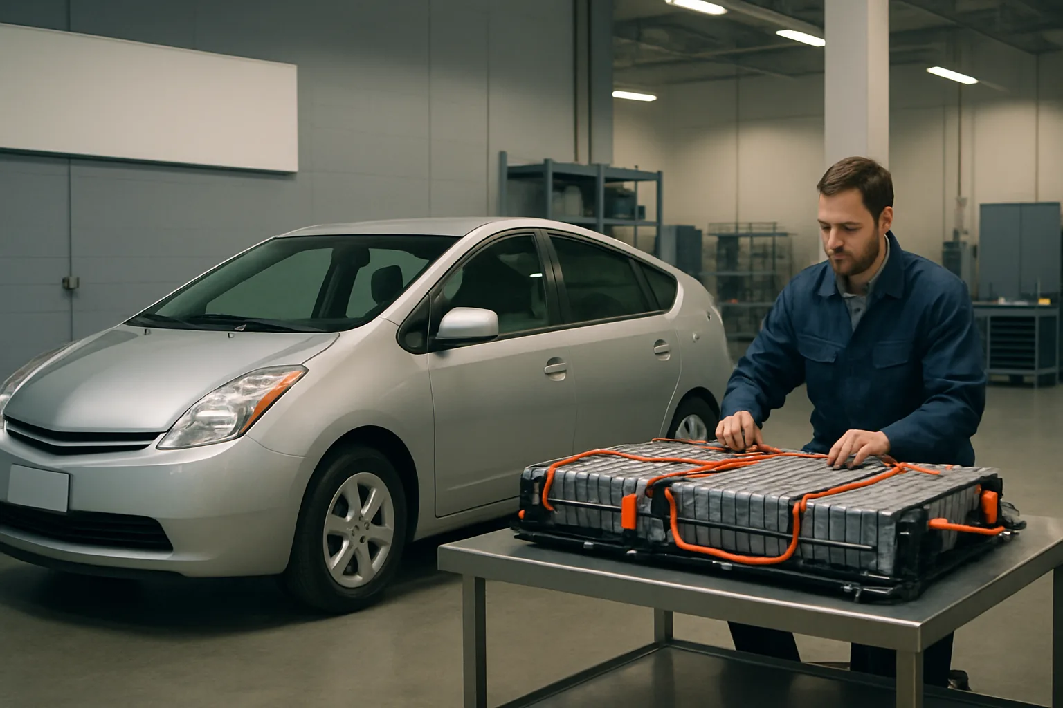 A man in a blue jacket examines a large battery pack with orange cables on a metal table beside a silver car in a workshop