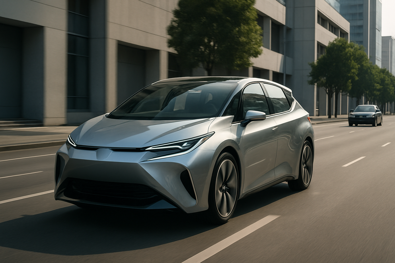Futuristic silver concept car with sleek lines driving on a wide city street lined with modern buildings and trees