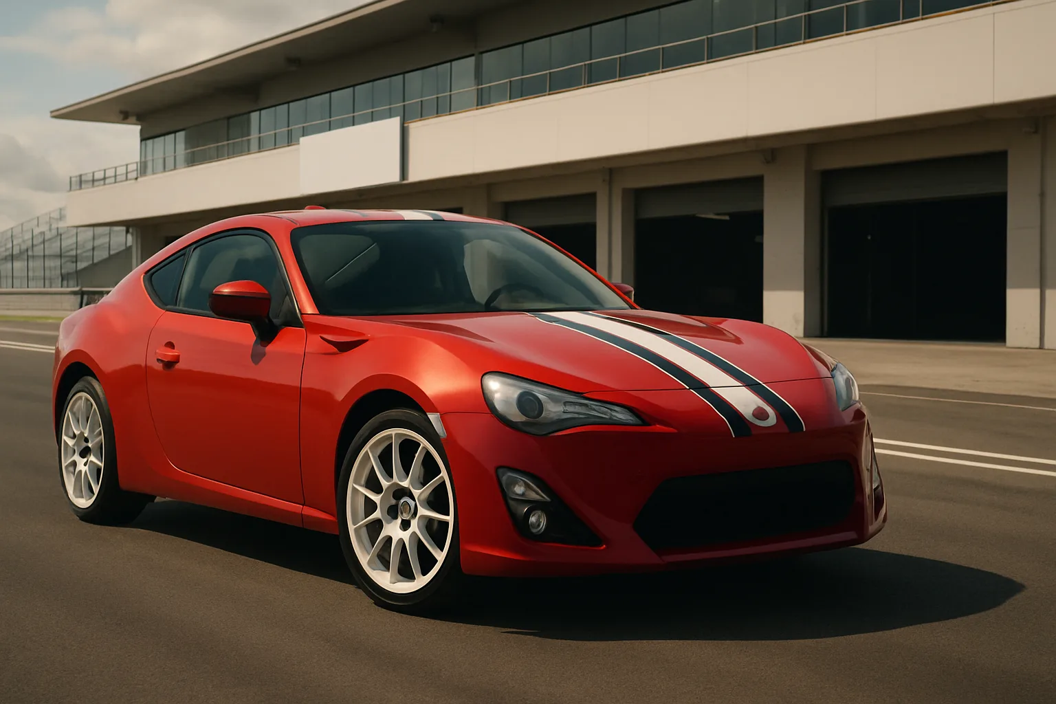 Red sports coupé with white racing stripes and white alloy wheels parked on tarmac in front of a modern pit building