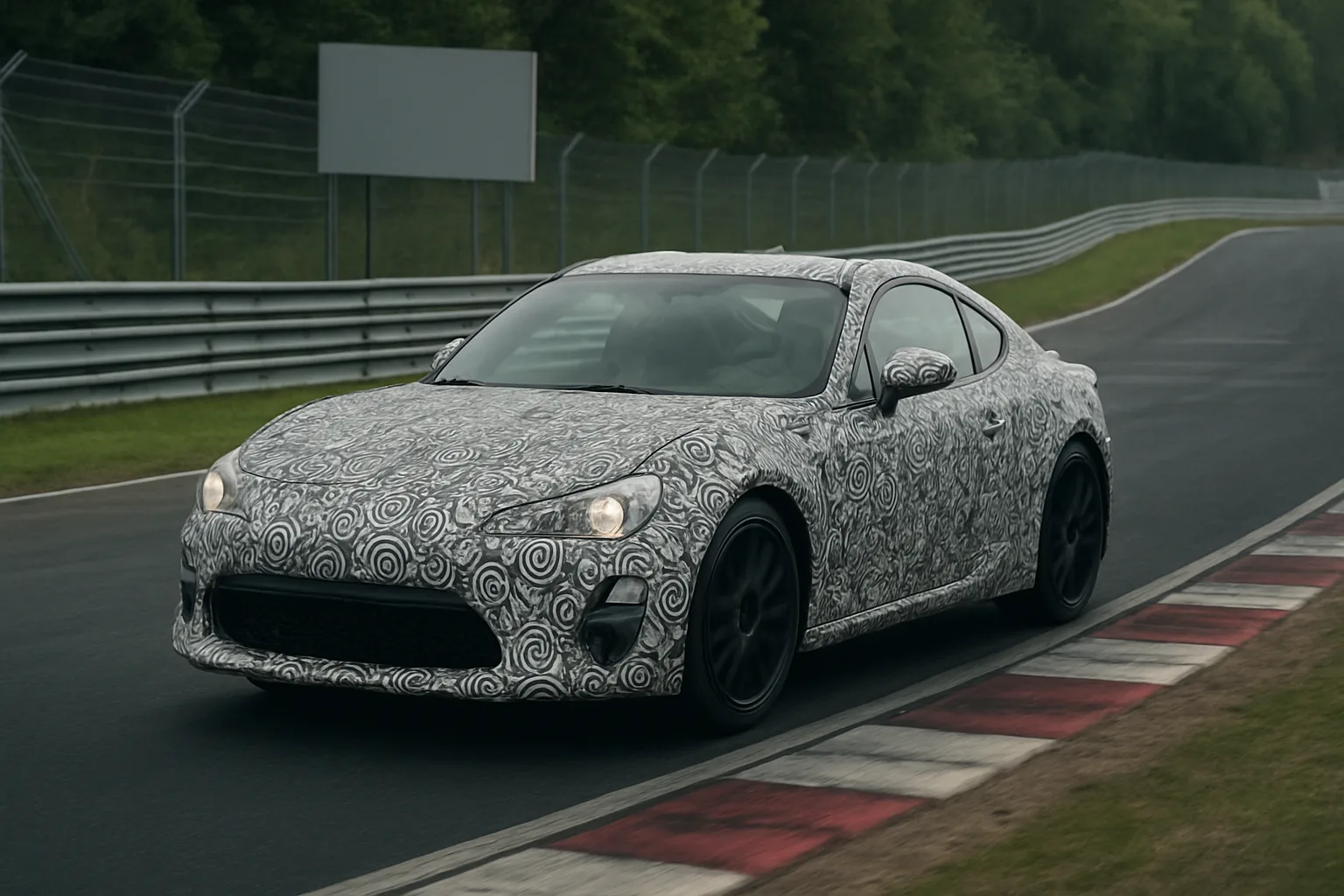 Matte sports coupe with swirling grey camouflage wrap driving on a curving racetrack bordered by trees and guardrails