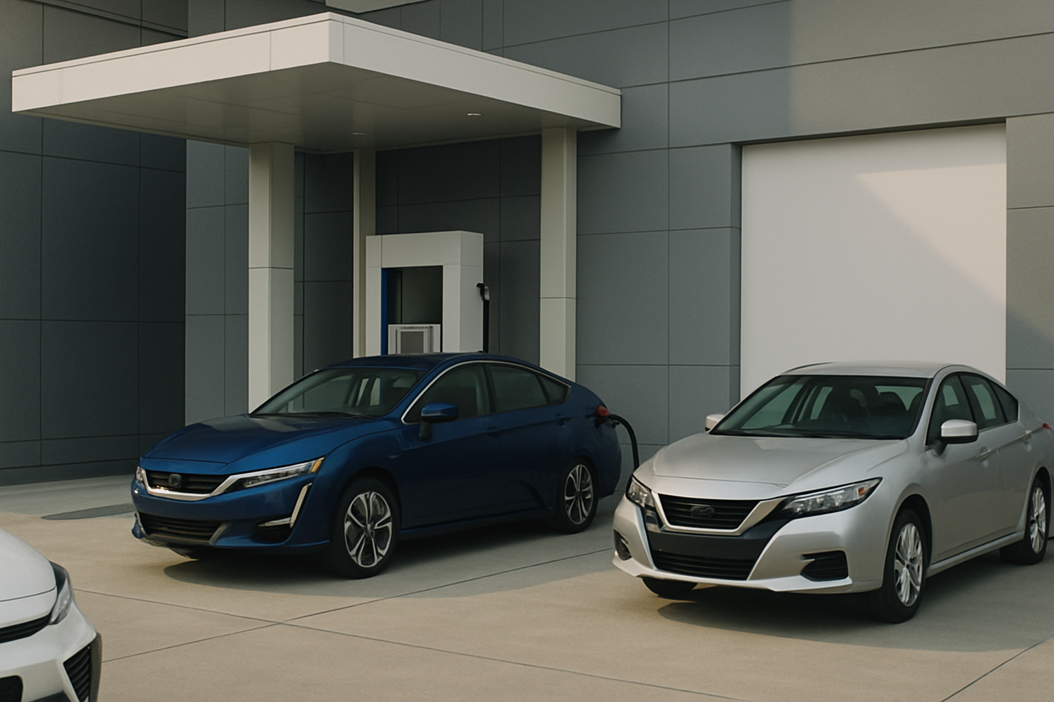 Two modern sedans, one blue and one silver, parked side by side by a hydrogen fueling station against a gray building