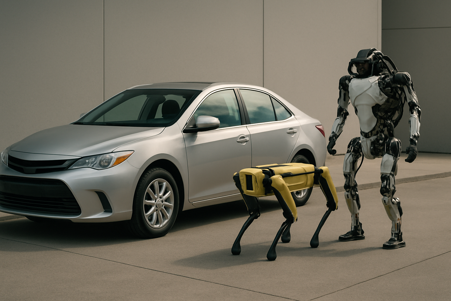 A silver sedan parked on pale pavement beside a yellow four-legged robot and a tall humanoid robot in black and white
