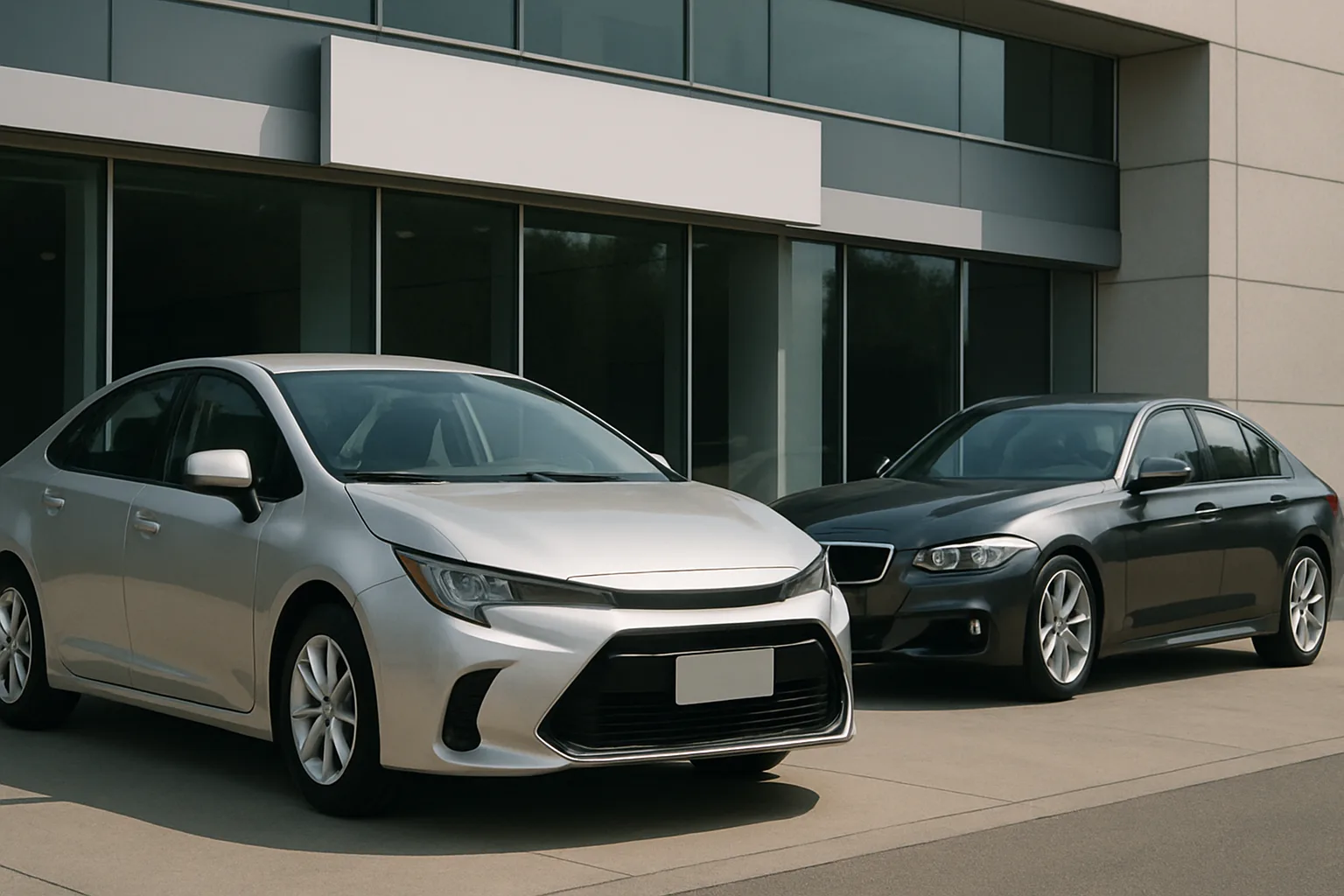 Two modern silver and grey sedans parked side by side on a sunlit pavement in front of a glass-fronted building
