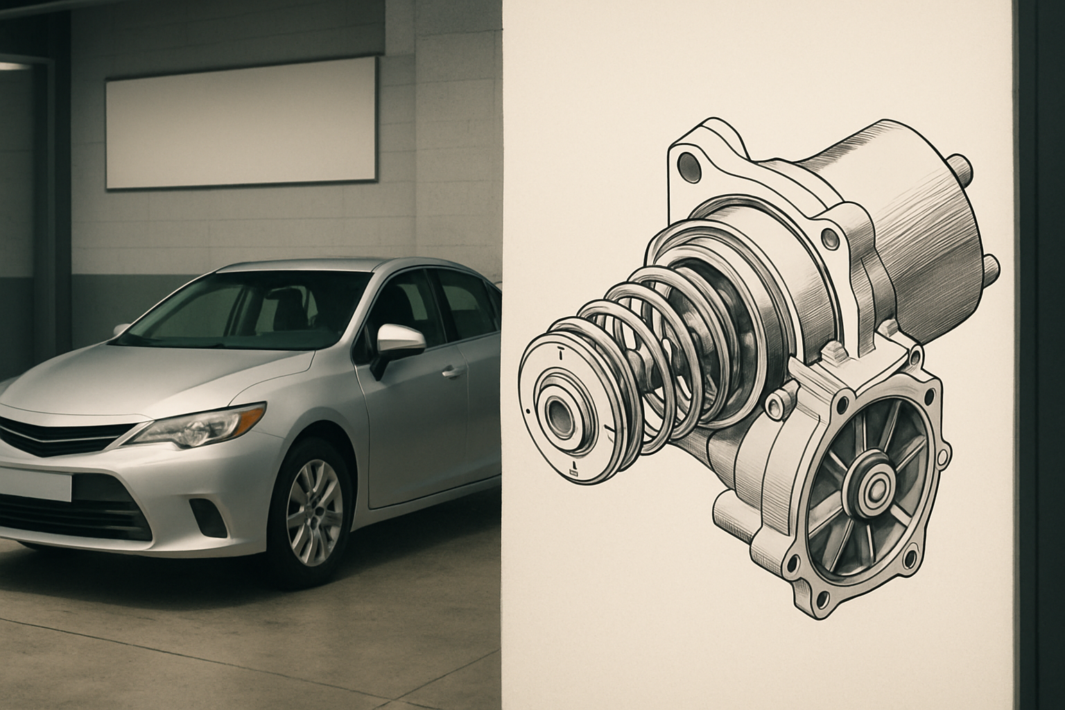 Technical line drawing of a complex mechanical component with gears and springs on a cream wall beside a silver car in a garage