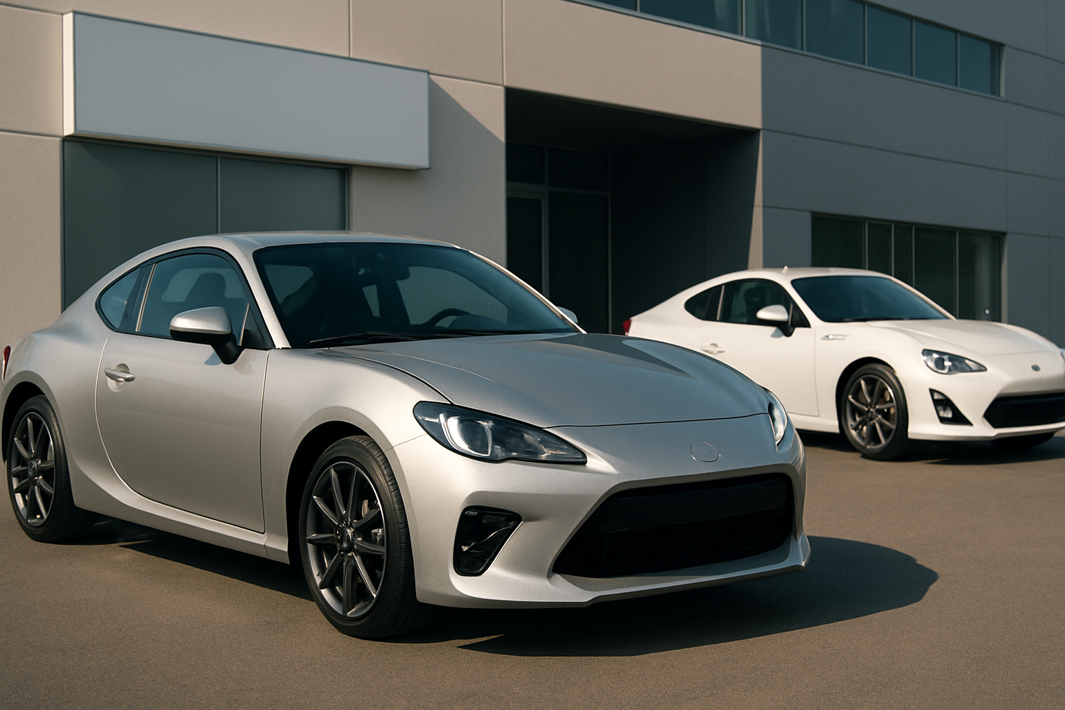 Two sleek, compact silver and white sports cars with smooth curves parked on clean concrete beside a modern building