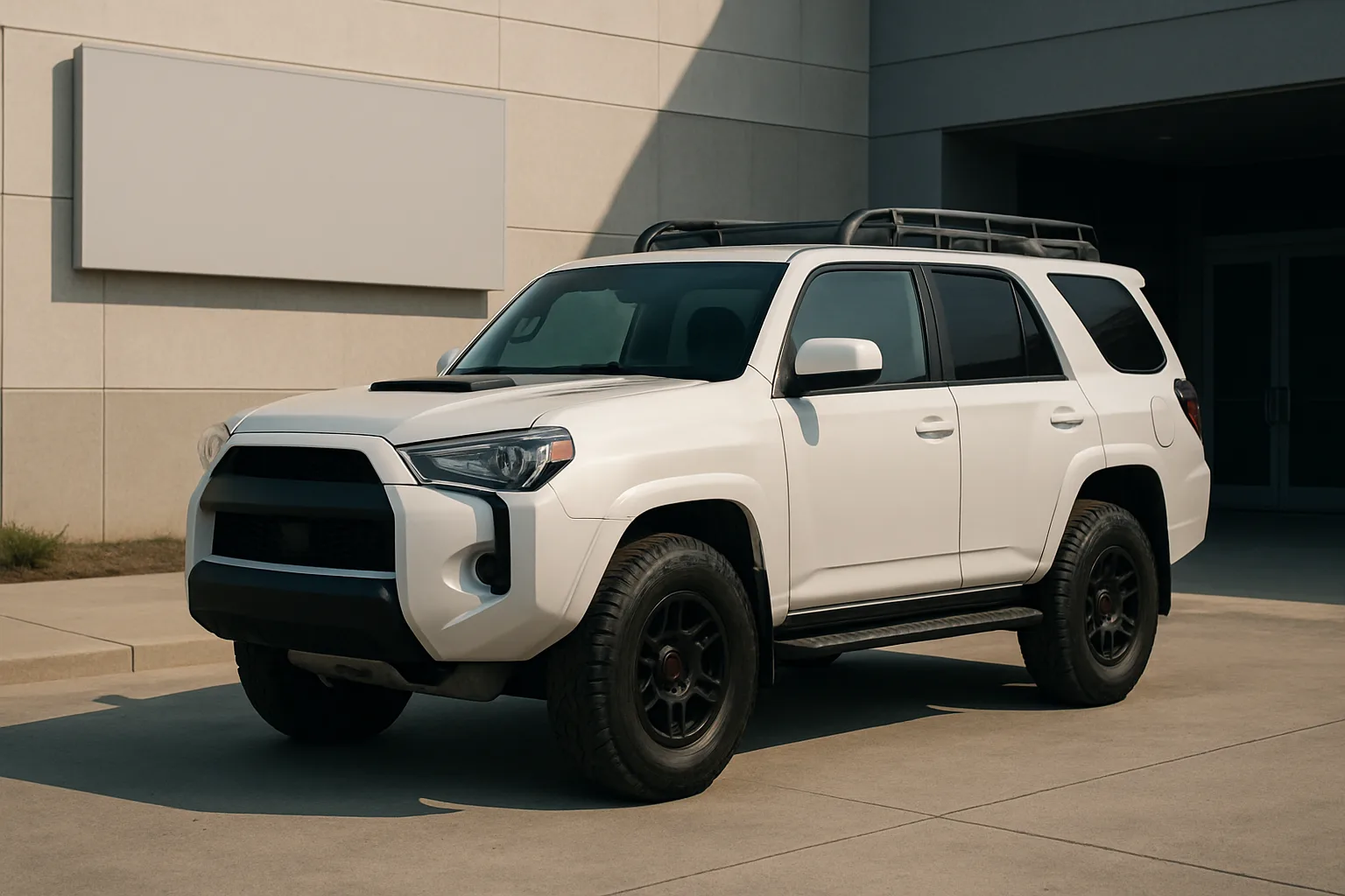 A white SUV with black wheels and a roof rack parked in sunlight beside a modern building with smooth concrete walls