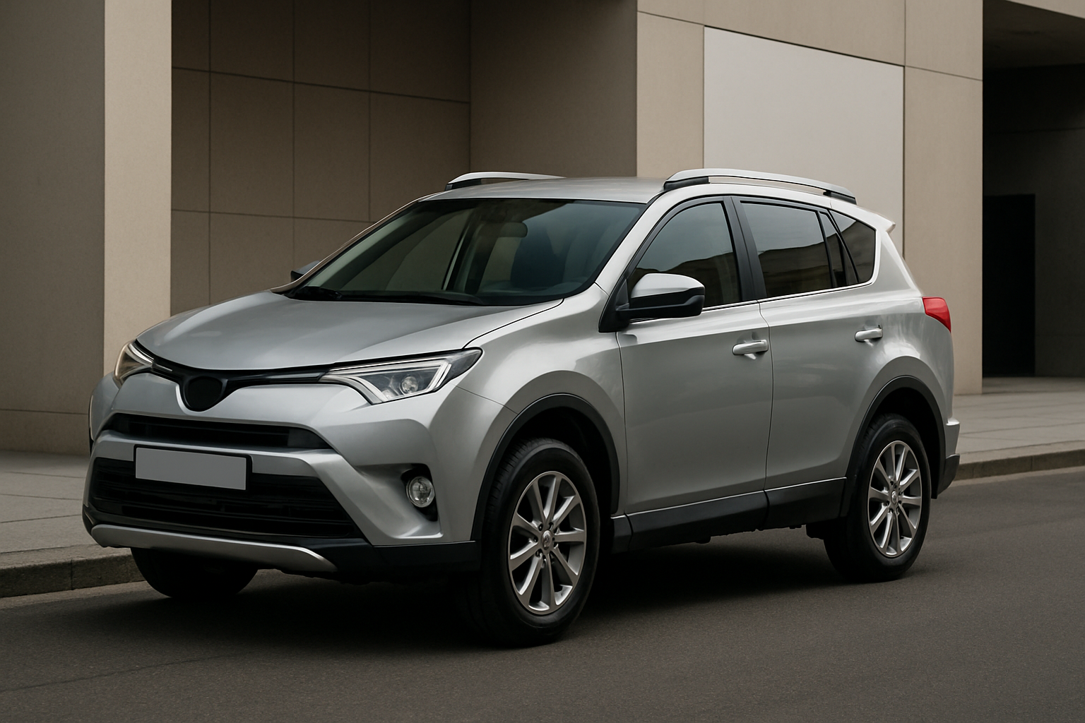 Silver SUV with dark-tinted windows parked on a city street beside light beige modern buildings in soft daylight