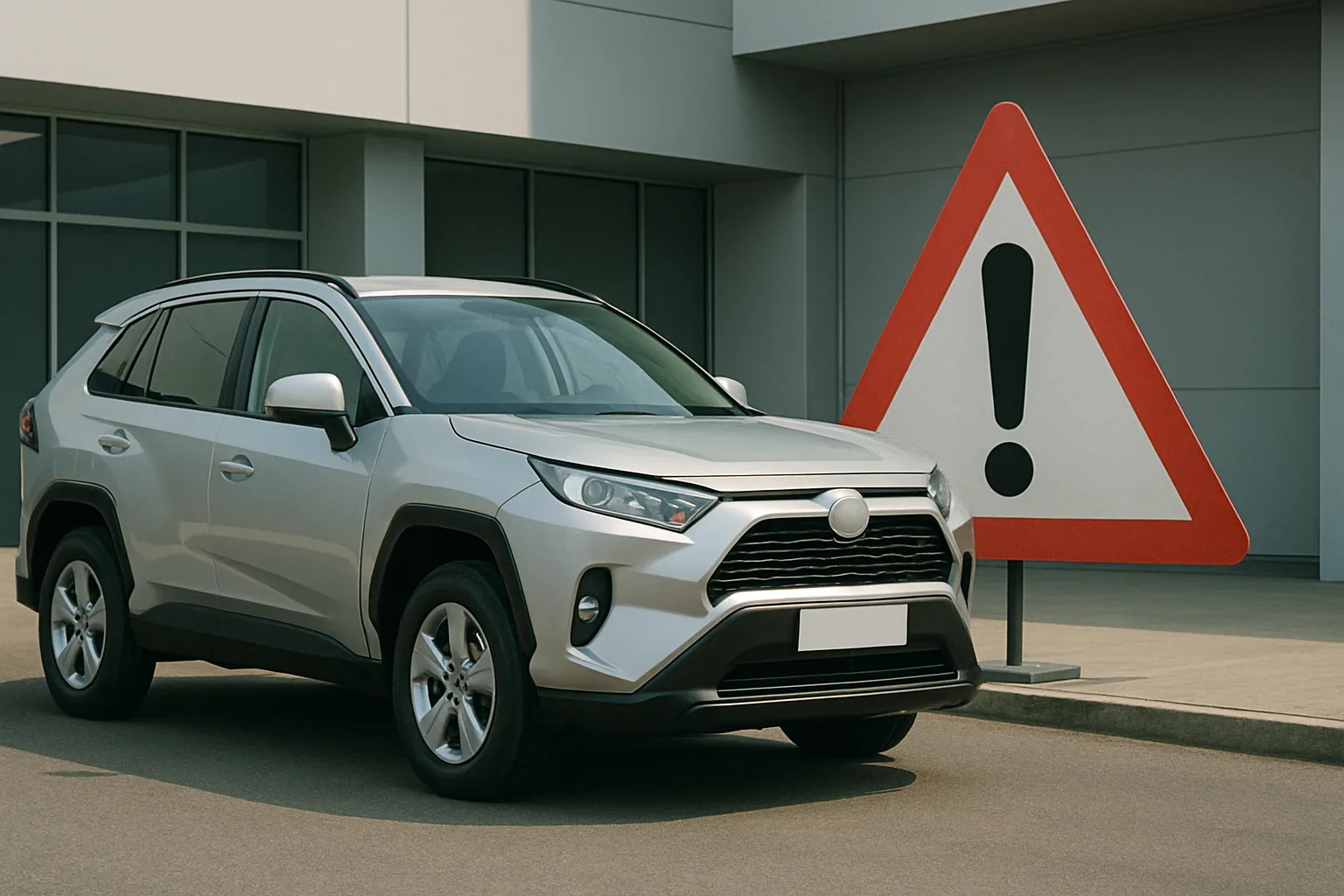 Silver SUV parked on grey asphalt beside a large red warning triangle sign with an exclamation mark outside a modern building