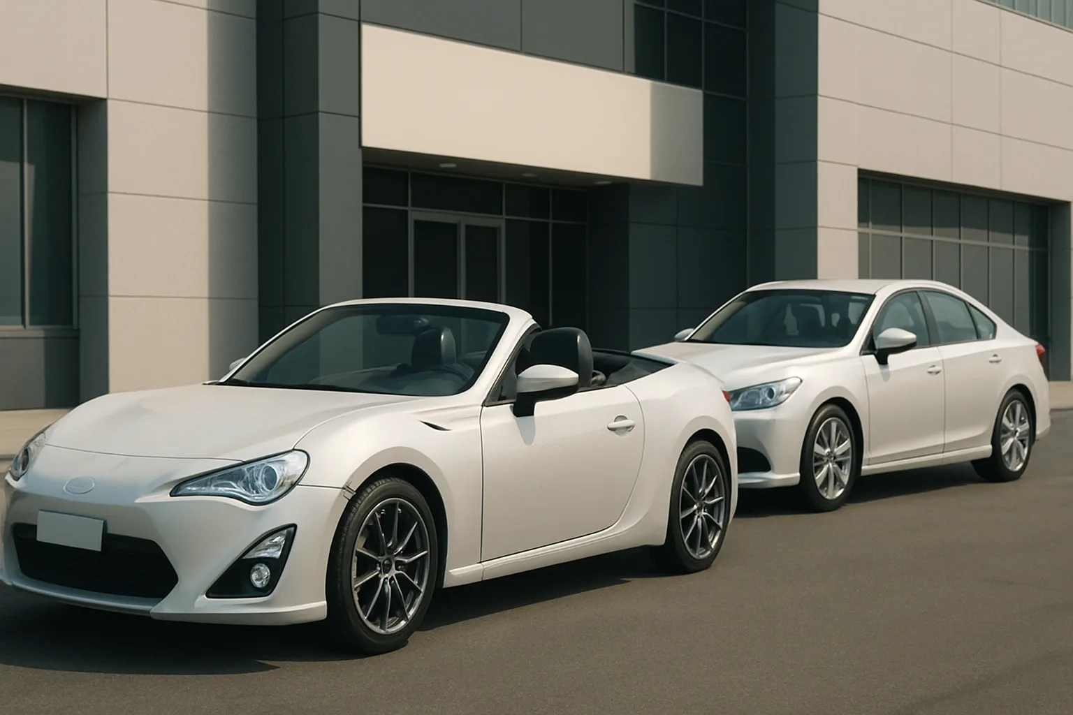 Two sleek white cars, one a convertible with the roof down and the other a sedan, parked on smooth pavement by a modern building