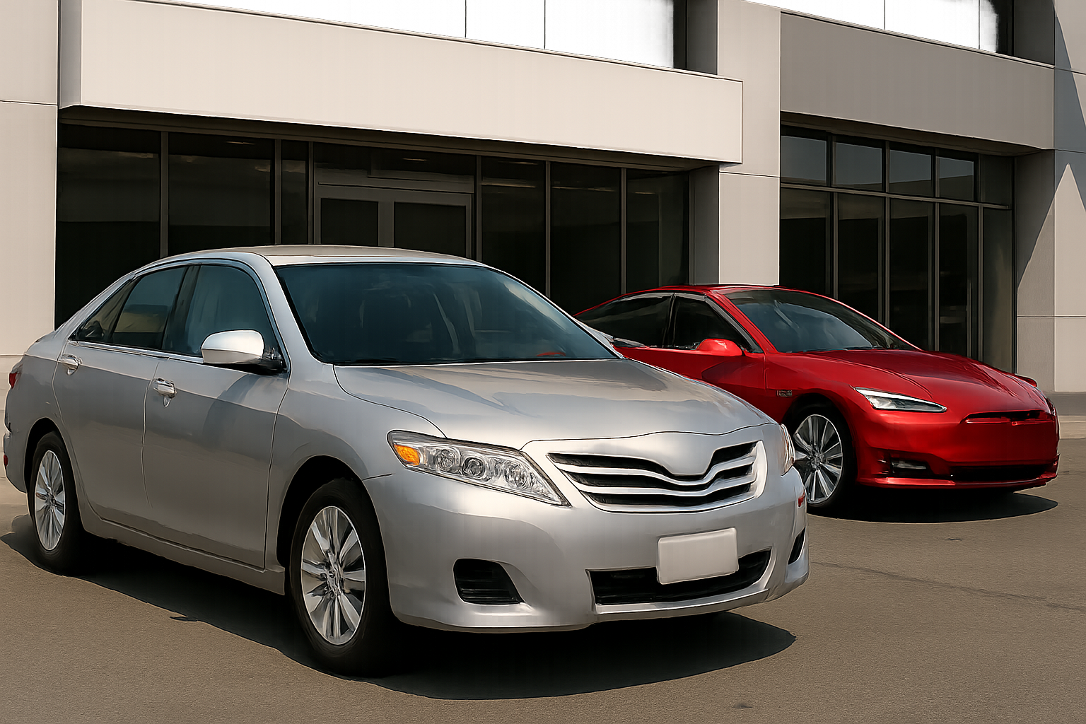 A silver sedan and a red sports car parked side by side on concrete in front of a modern glass building
