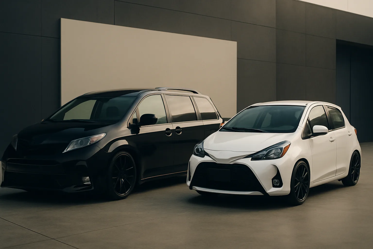 Two sleek cars, one black and one white, parked side by side in a sunlit modern concrete courtyard