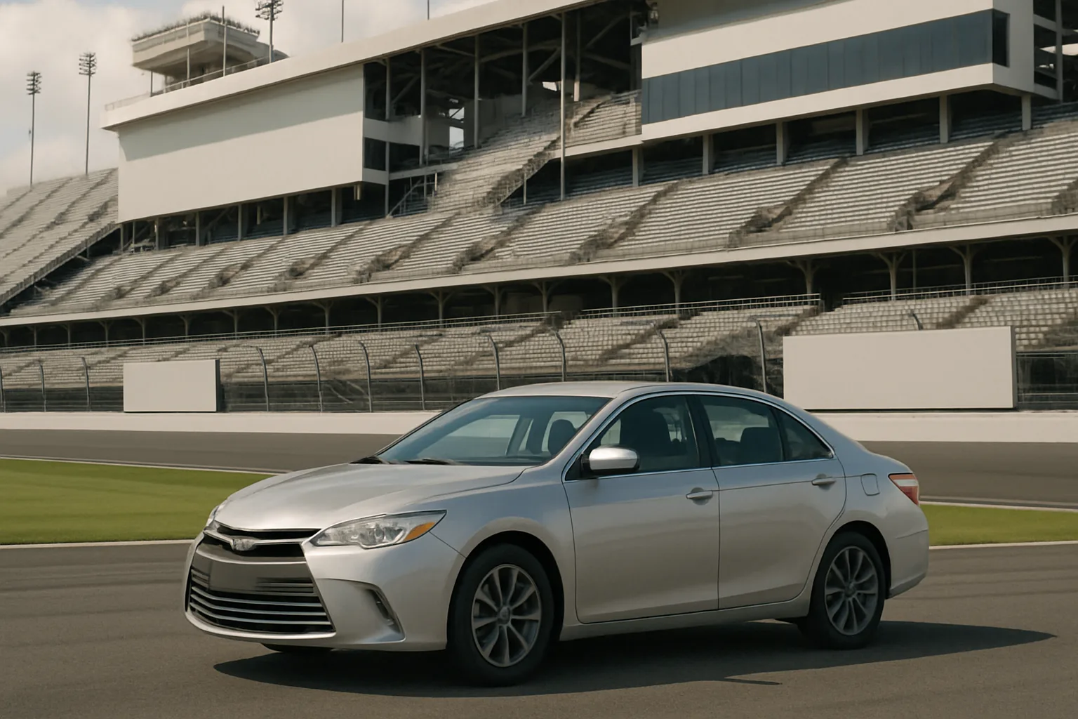Silver sedan parked on racetrack in front of empty grandstands and a large modern stadium structure in daylight