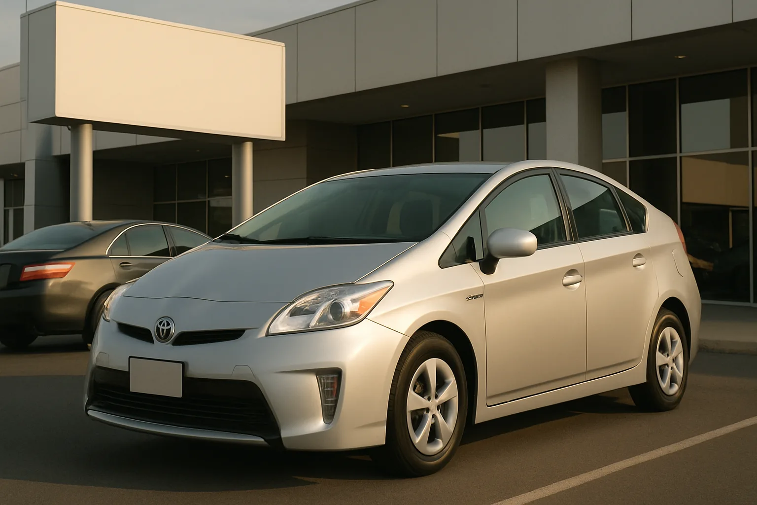 A silver hatchback parked on an asphalt lot outside a modern building with large windows in soft evening light