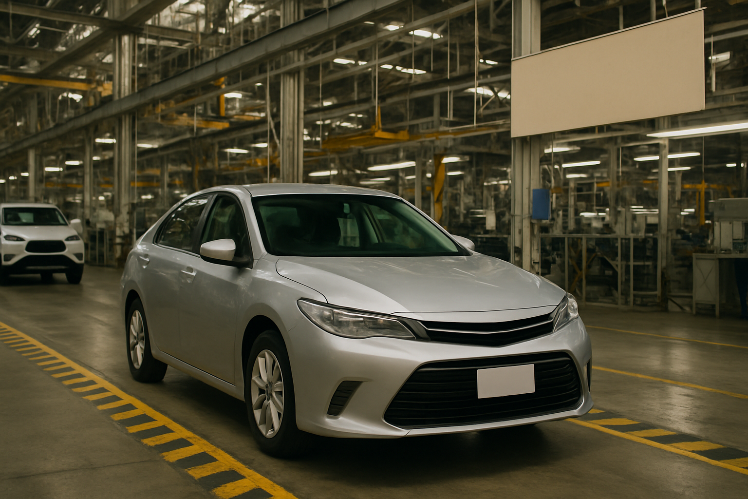 Silver sedan parked on a factory floor under bright industrial lighting, with metal beams and machinery in the background