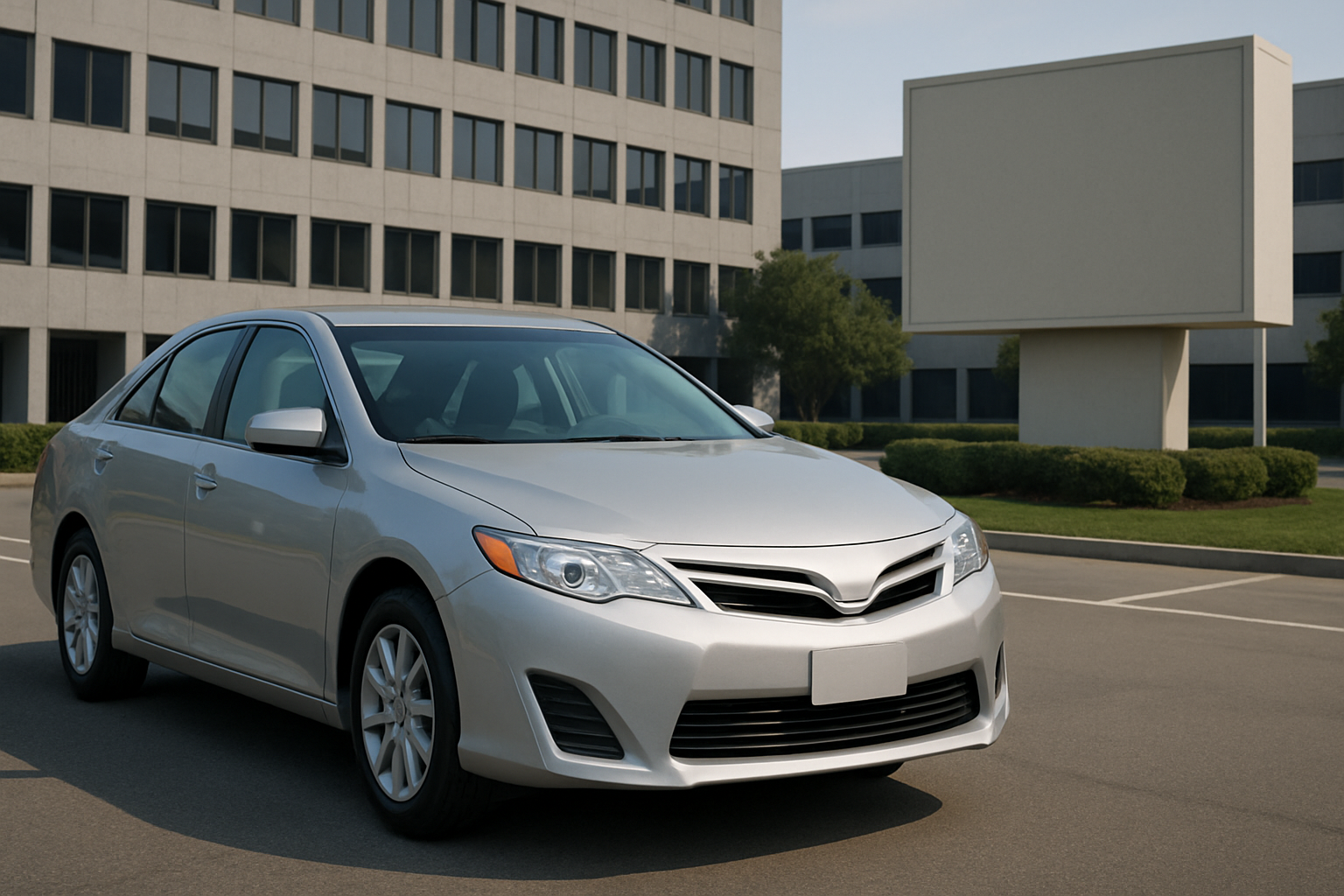 A silver sedan with angular headlights parked on an empty street near modern office buildings in daylight