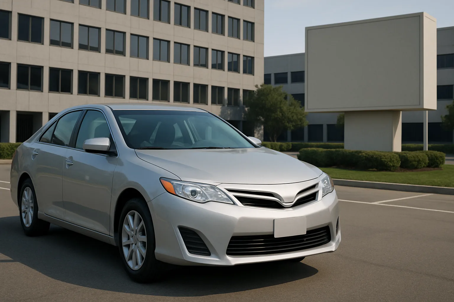 A silver sedan with angular headlights parked on an empty street near modern office buildings in daylight