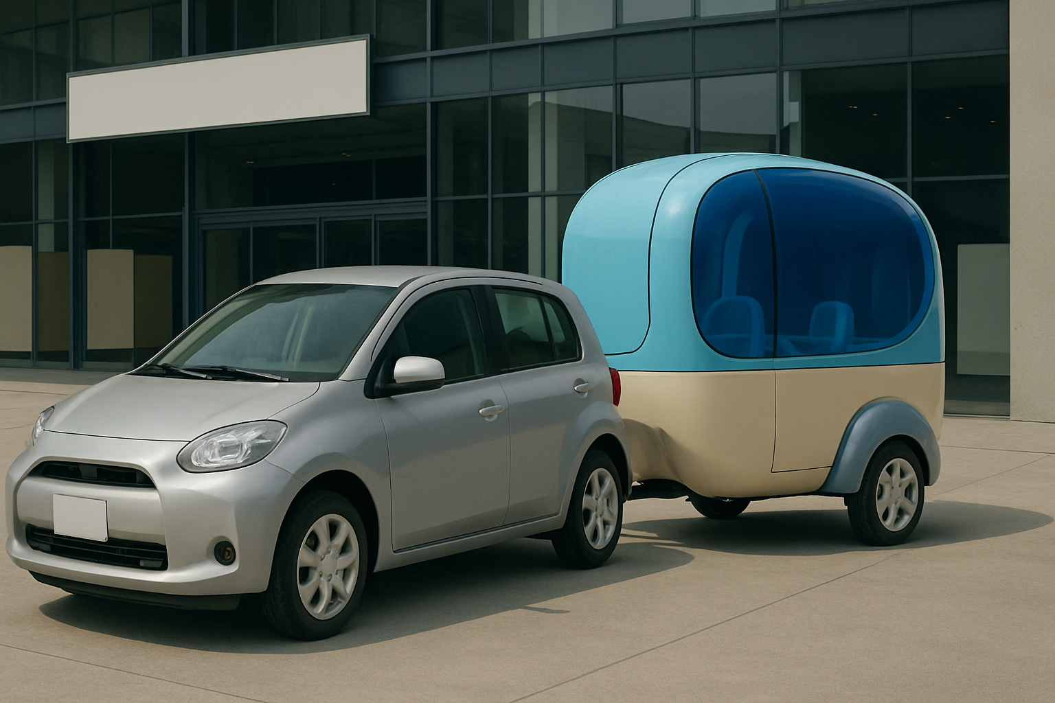 Compact silver hatchback towing a rounded, two-tone pastel blue and beige trailer with large windows and minimalist seats