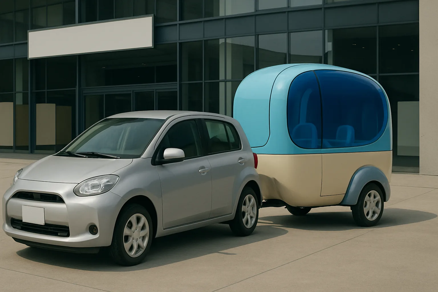 Compact silver hatchback towing a rounded, two-tone pastel blue and beige trailer with large windows and minimalist seats