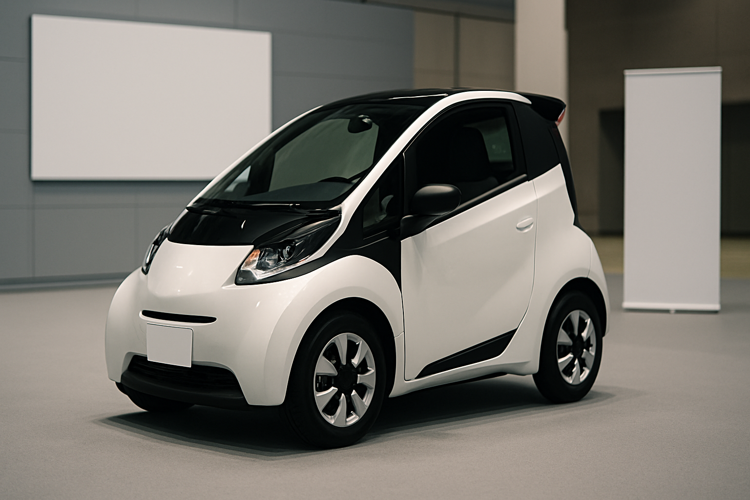 Compact, futuristic white and black car with rounded edges on display in a minimalist indoor setting