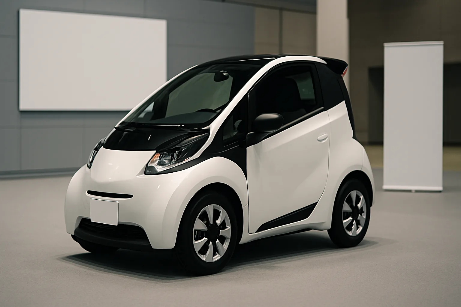 Compact, futuristic white and black car with rounded edges on display in a minimalist indoor setting