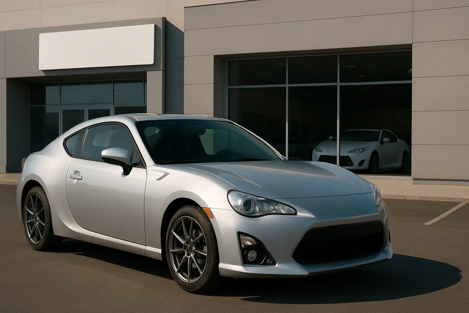 A sleek silver sports coupe with dark alloy wheels parked on smooth asphalt in front of a modern car dealership