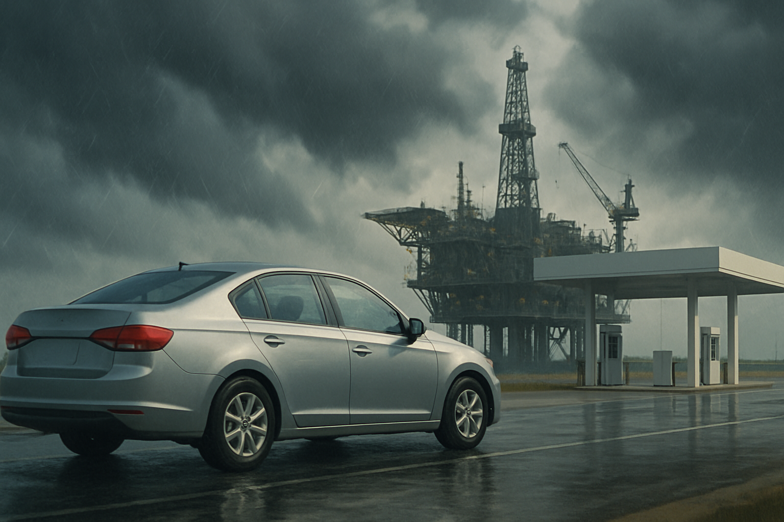 A grey sedan parked on wet asphalt near a white gas station, with a dark offshore oil rig in the rainy distance