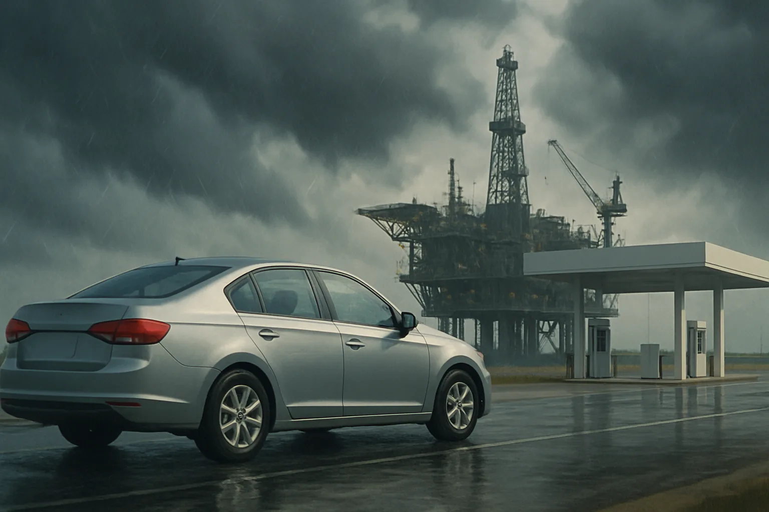 A grey sedan parked on wet asphalt near a white gas station, with a dark offshore oil rig in the rainy distance