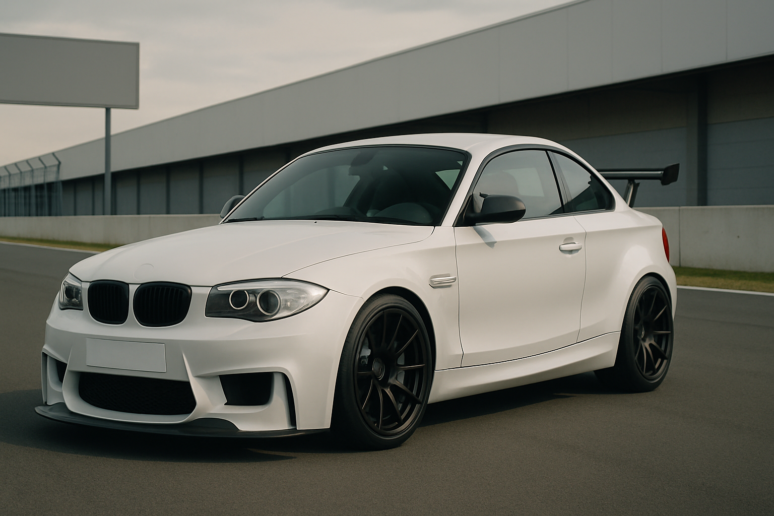 Matte white sports coupe with wide body, black wheels and rear wing parked on an empty racetrack beside a modern building