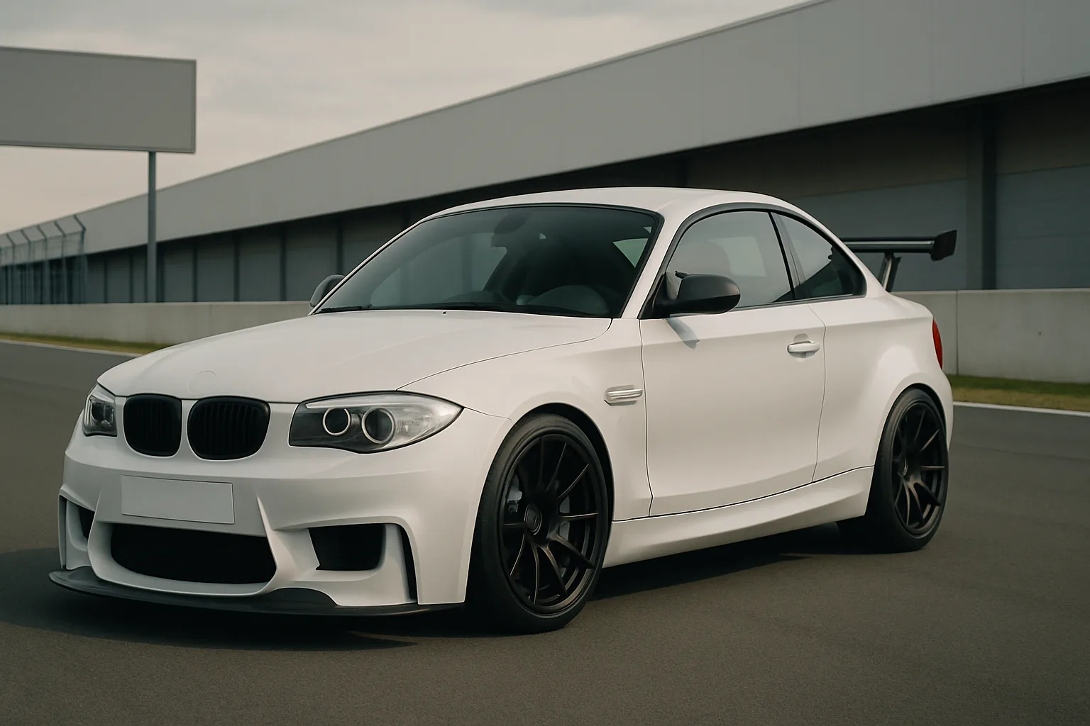 Matte white sports coupe with wide body, black wheels and rear wing parked on an empty racetrack beside a modern building