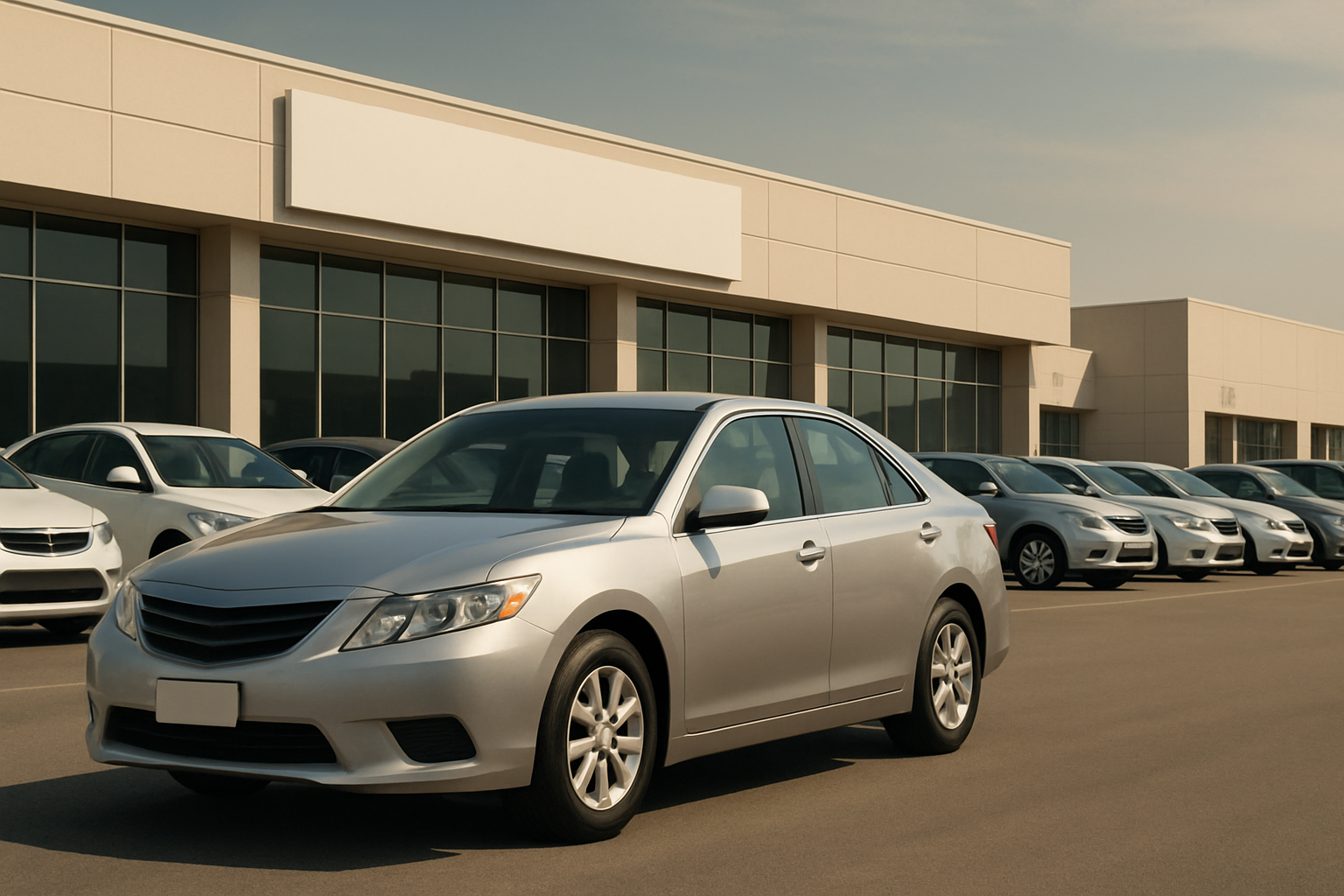 Silver sedan in the foreground of a parking lot lined with similar cars outside a modern glass-fronted building