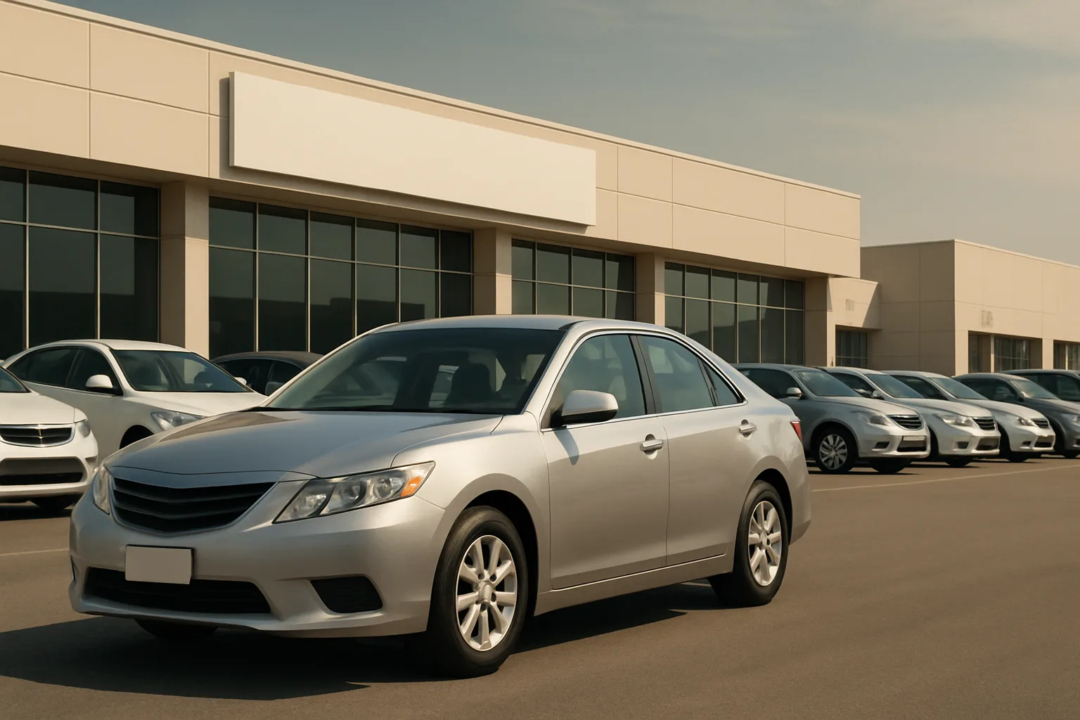 Silver sedan in the foreground of a parking lot lined with similar cars outside a modern glass-fronted building