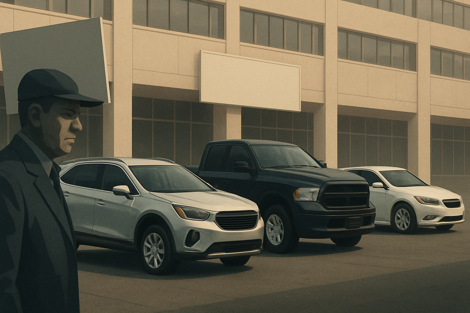 A man in a cap stands in front of three parked vehicles outside a large, beige industrial building in muted tones