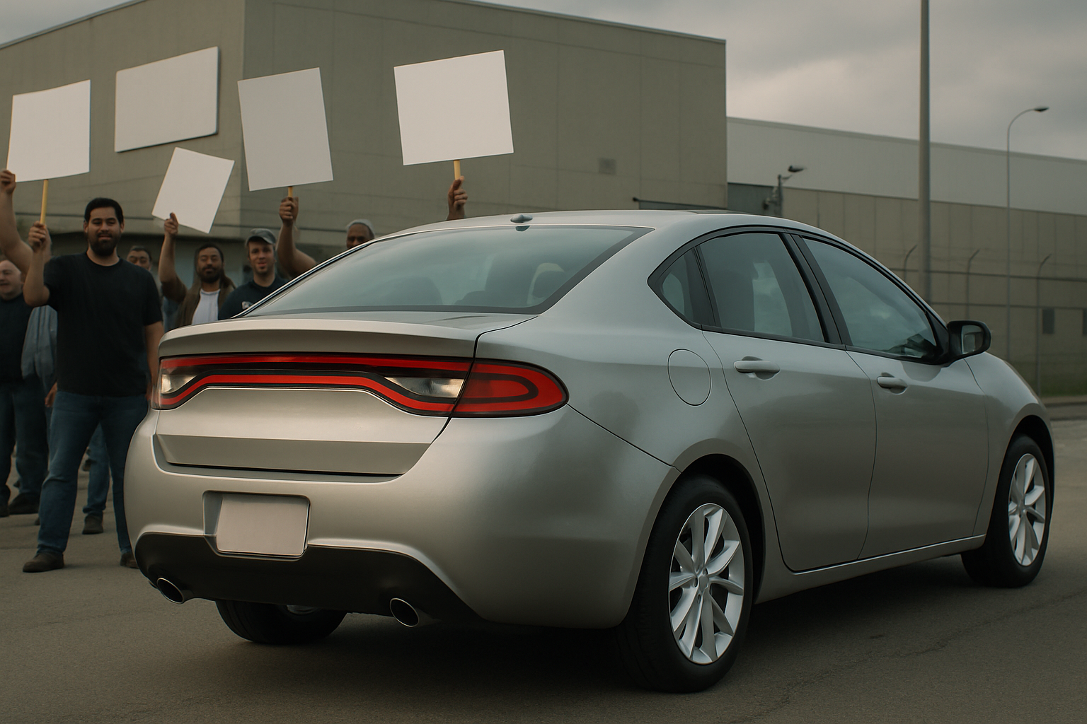 Silver sedan parked on pavement near a group of people holding blank protest signs outside a large industrial building